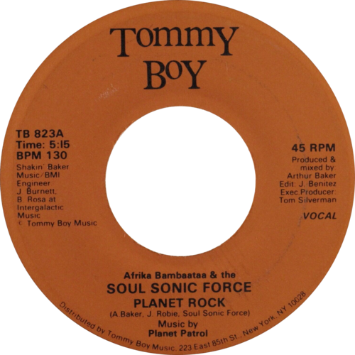 Tommy Boy Records 45 label for Afrika Bambaataa and the Soul Sonic Force's Planet Rock